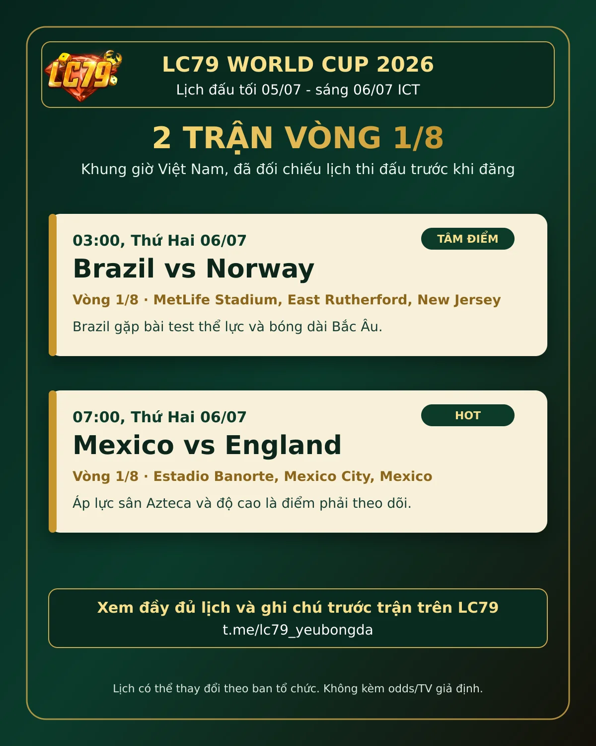 Lịch World Cup tối 05/07 sáng 06/07 theo giờ Việt Nam trên LC79