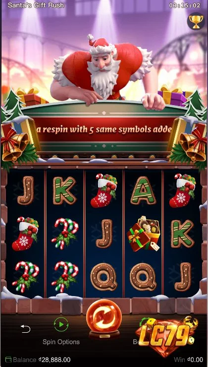 Ảnh bảng biểu tượng & tính năng game Santas Gift Rush (slot PG) chơi tại LC79