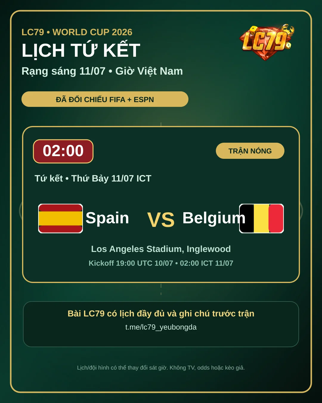 Lịch World Cup tứ kết Spain vs Belgium rạng sáng 11/07 theo giờ Việt Nam - LC79