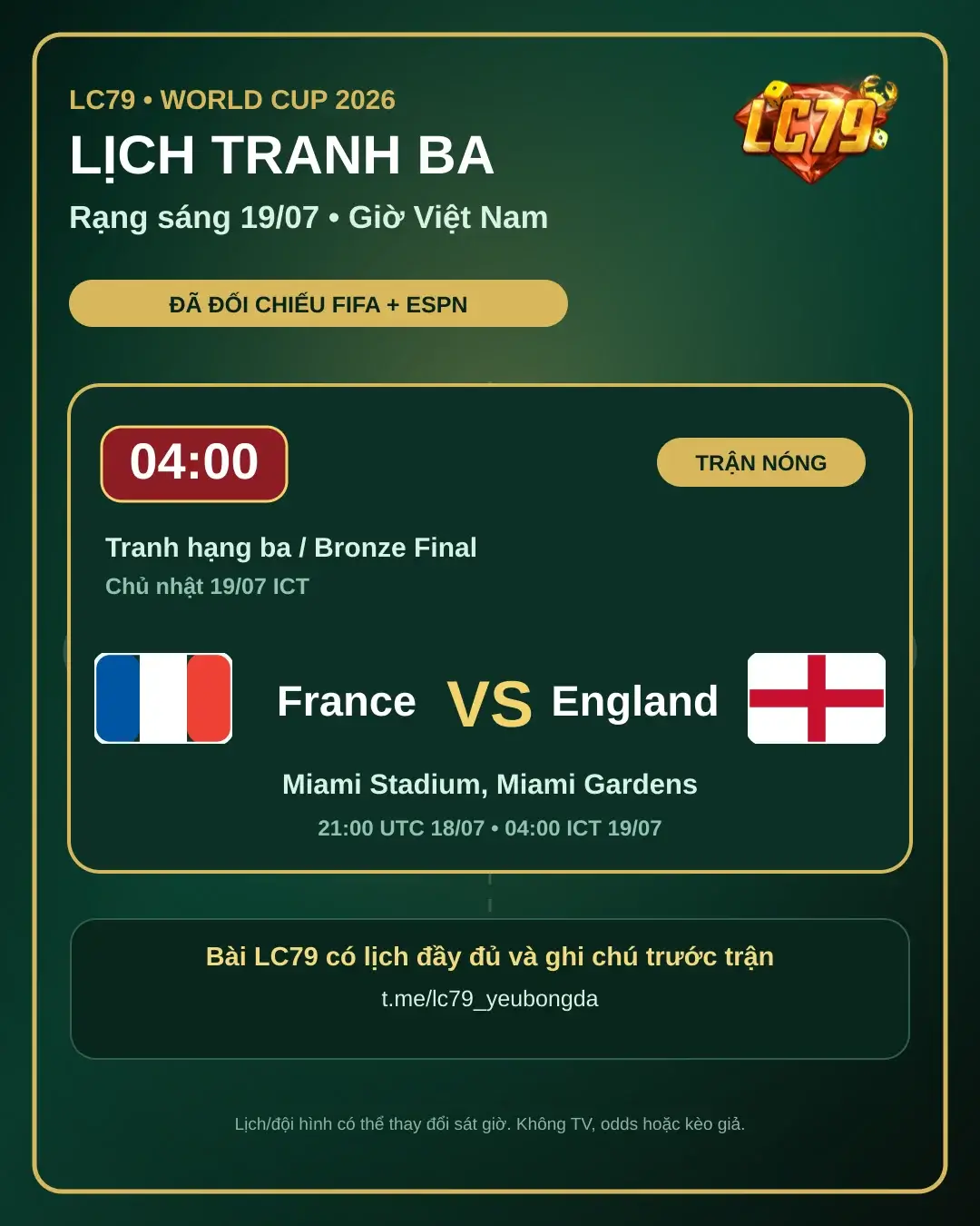 Lịch World Cup France vs England tranh hạng ba rạng sáng 19/07 theo giờ Việt Nam - LC79